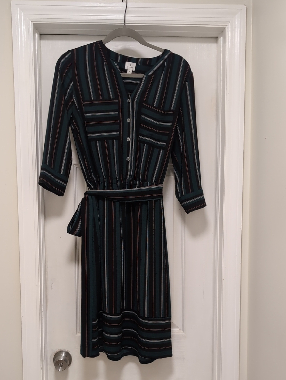 Striped Belted Shirt Dress - Black & Teal